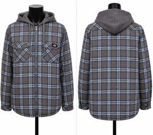Dickies Hooded Plaid Jacket Quilted Lined Zip Up Workwear Gray Blue Men's XLT